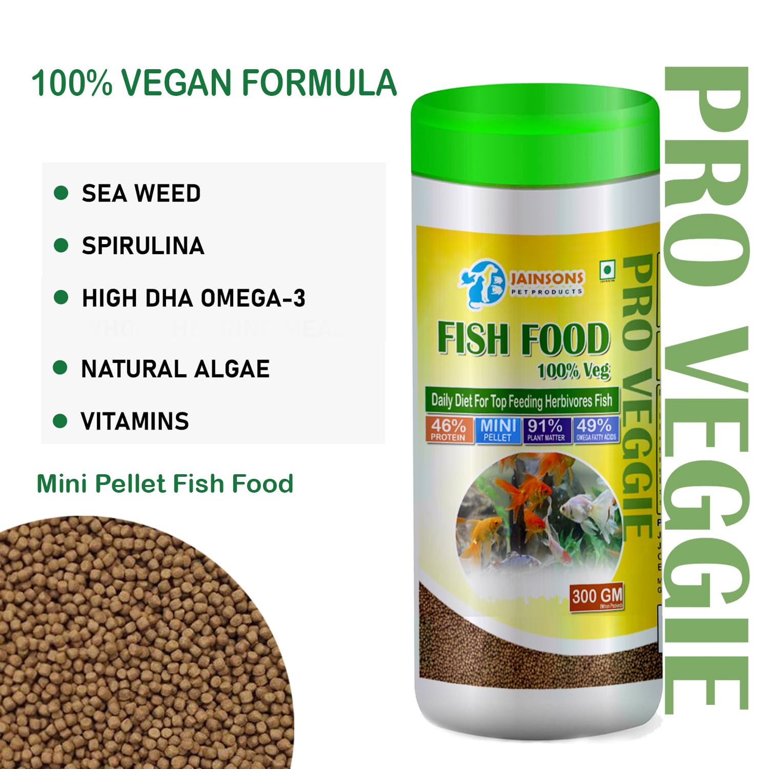 JAINSONS PET PRODUCTS Pro Veggies Fish Food - 91% Plant Matter, Highly Nutritious, Mini Pellet for Herbivores - 600 G,All Life Stages - Image 3