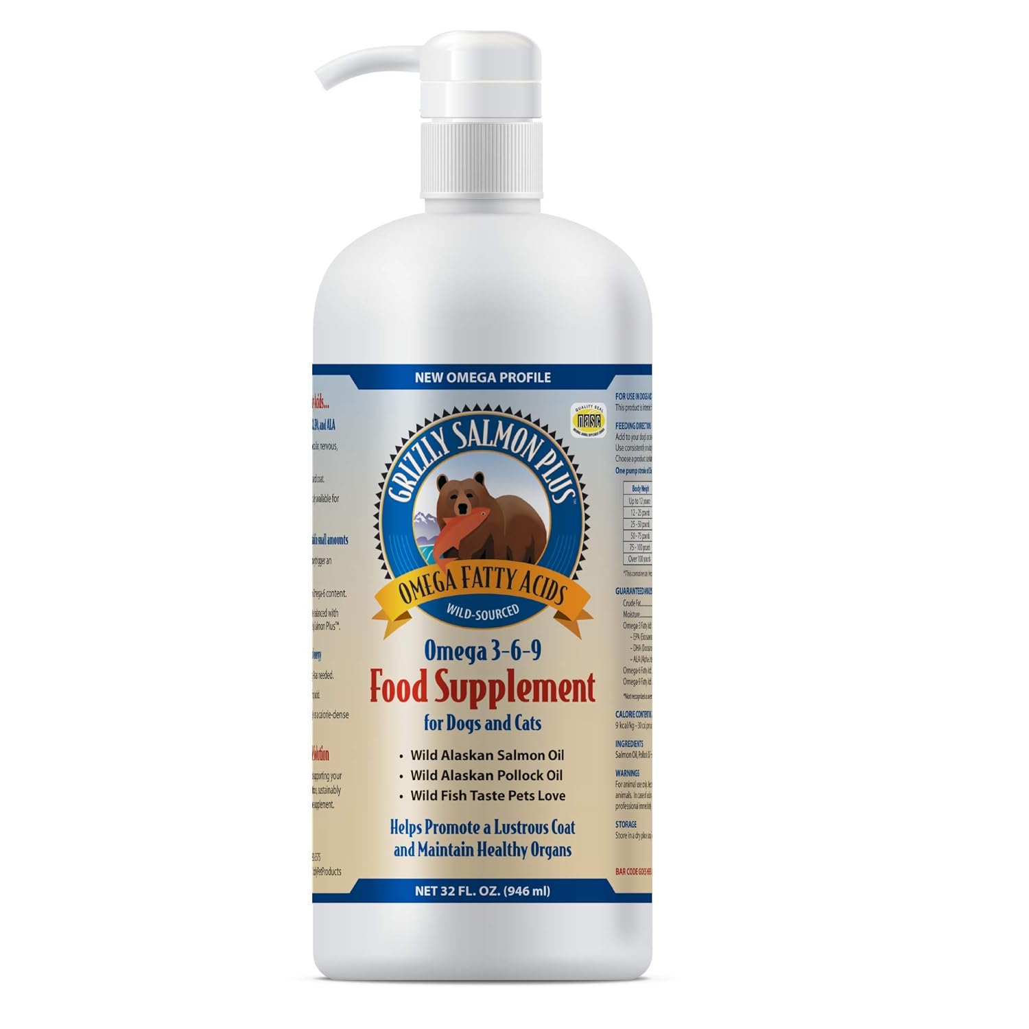 Grizzly Salmon Oil All-Natural Dog Food Supplement in Pump-Bottle Dispenser *