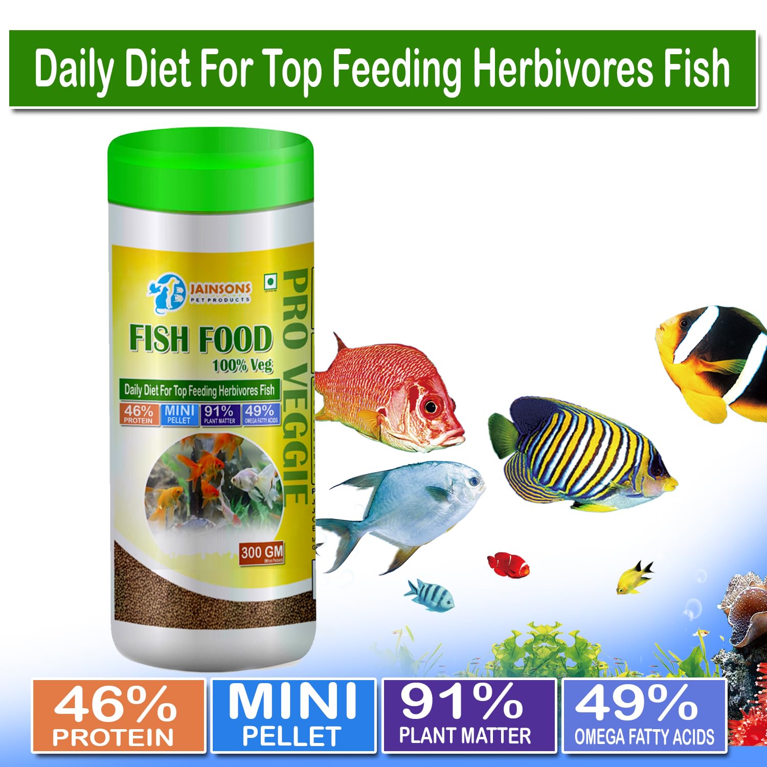 JAINSONS PET PRODUCTS Pro Veggies Fish Food - 91% Plant Matter, Highly Nutritious, Mini Pellet for Herbivores - 600 G,All Life Stages - Image 2