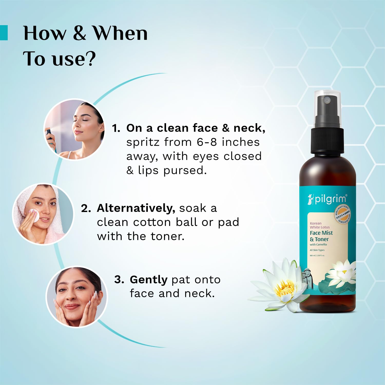 Pilgrim Korean Beauty White Lotus Refreshing Face Mist & Toner | Toner for glowing skin | Alcohol-Free Mist & toner for open pores Tightening | Korean skin care products | Women & Men | 100 ml - Image 6