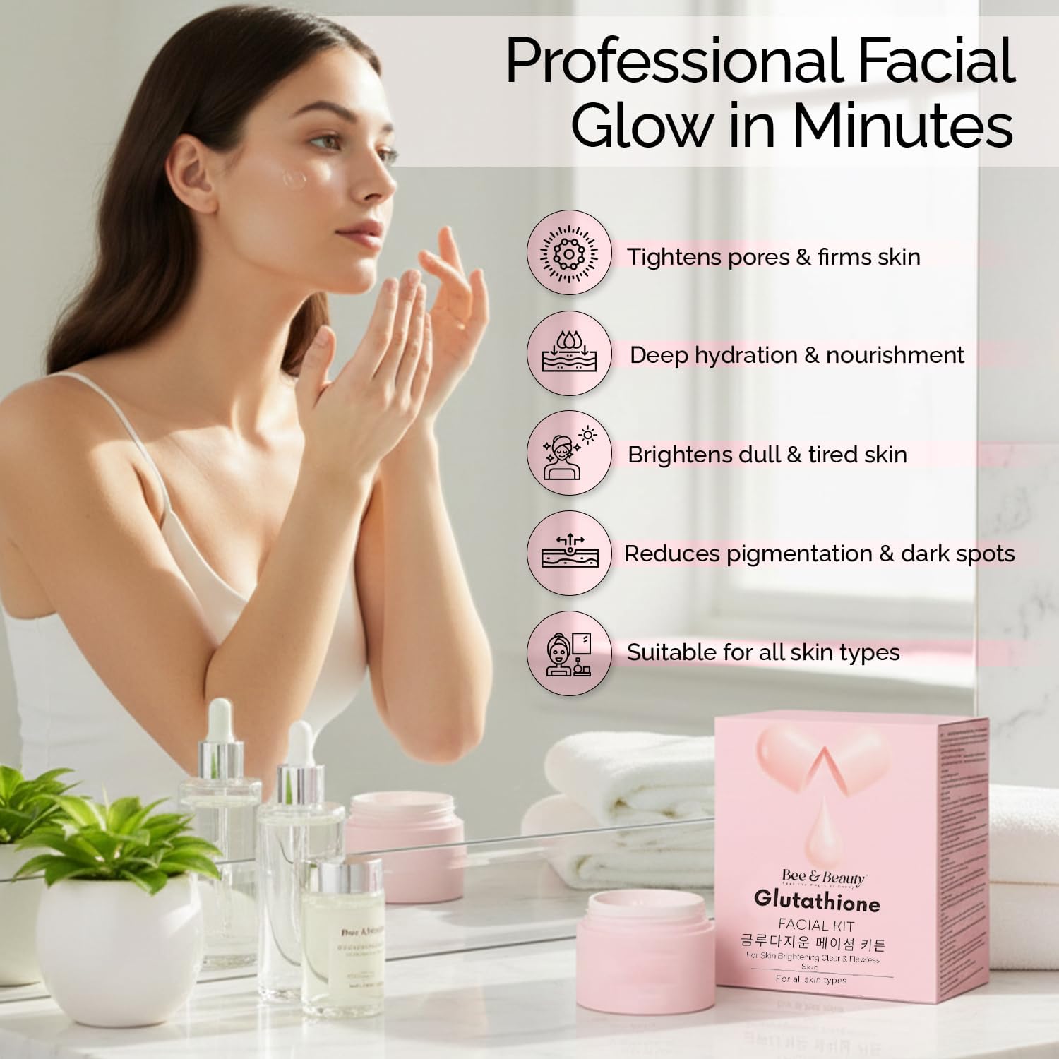 Bee & Beauty Glutathione 7-Step Facial Kit for Skin Brightening Clear Glow & Tan Removal | Deep Hydration Pore Tightening Radiance Boost | Korean Inspired Professional Face Care | All Skin Types - Image 4