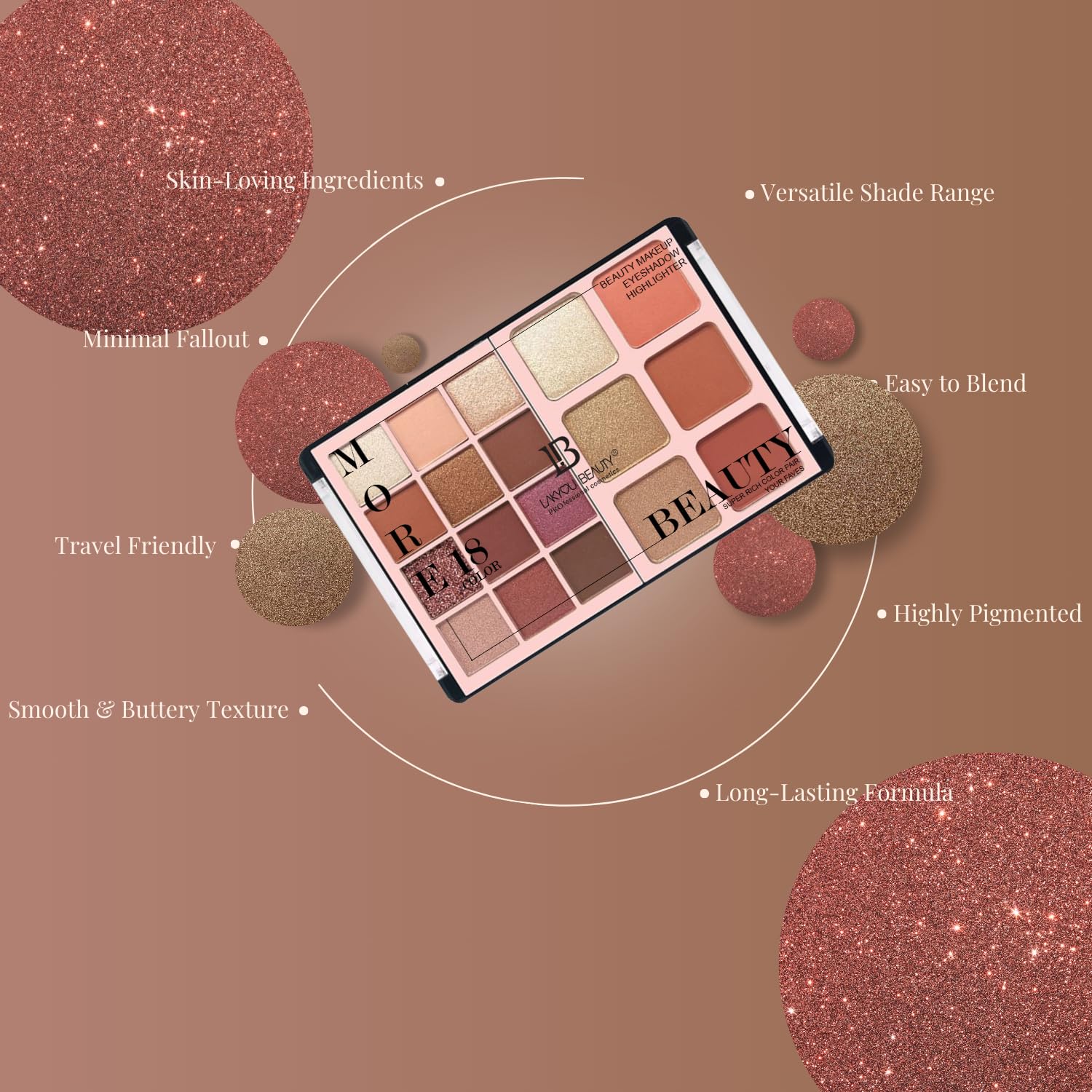 Lakyou Beauty More 18 in 1 Eyeshadow Pallet for Glamorous Eye Makeup | Blush Bloom & Highlighter | Water resistance | Long Lasting Blendable Formula | Colorful Powder Kit for Face Makeup Kit - 56g - Image 3