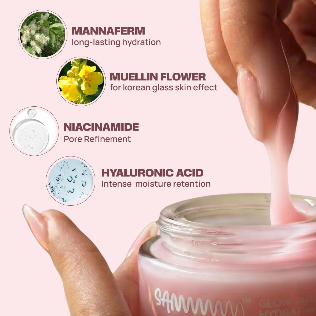 Sammmm GLOW Boosting Hydrating Face Moisturizer with UV Shield(50g) | Lightweight & Oil-Free | Moisturizer Gel for Korean Glass Skin | Made with Hyaluronic Acid, Niacinamide For All Young Skin Types - Image 3