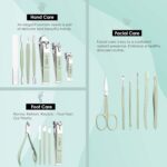 Beauté Secrets Nail Cutter Set, 18 Pieces Grooming Kit (Eyebrow Razor, Tweezer, Hair Plucker, Baby Nail Cutter, Ear Cleaner,Nail Cleaner,) Pedicure Gift for Men and Women (Green) - Image 3