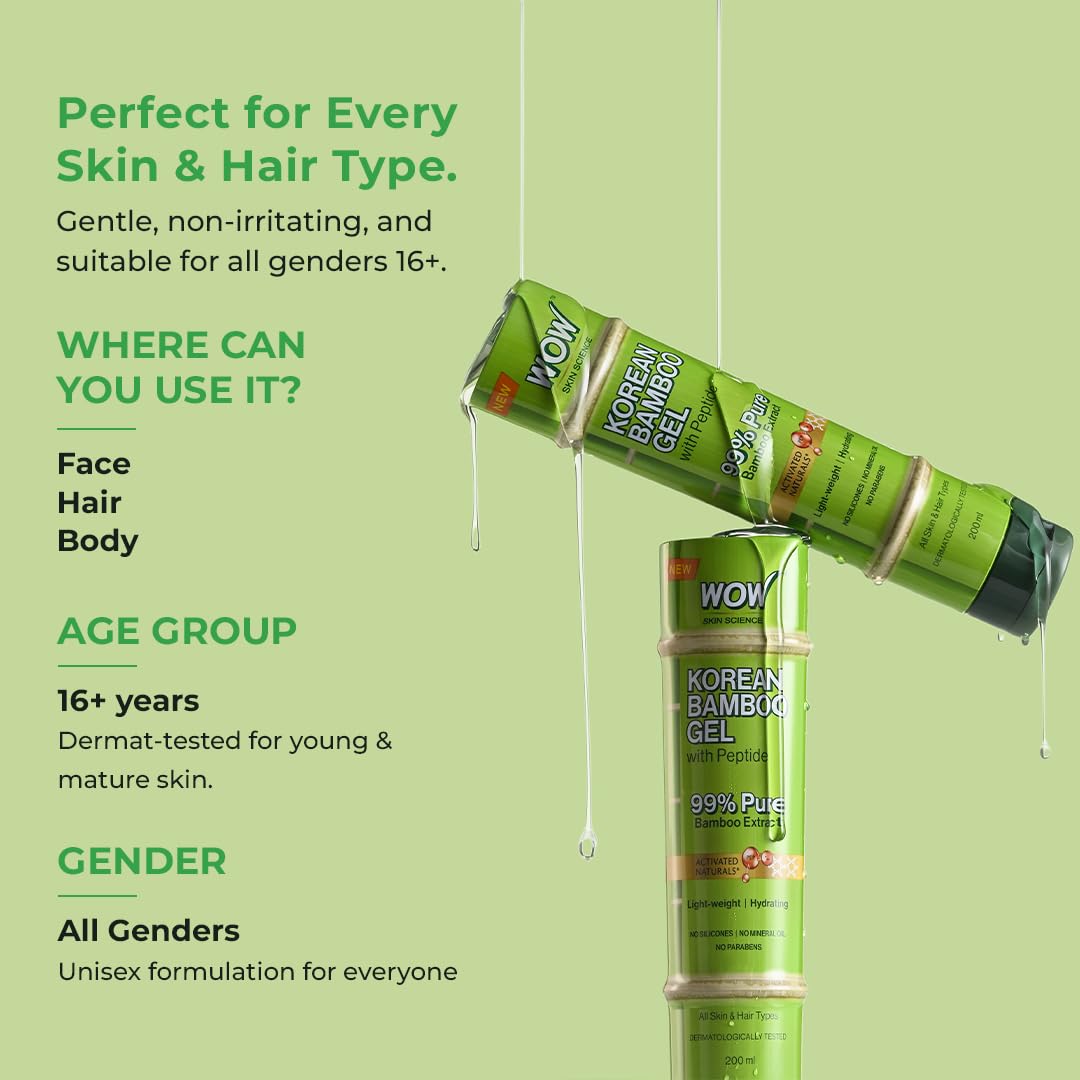 WOW Skin Science Korean Bamboo Gel with Peptide | 99% Pure Bamboo Extract | Lightweight Hydration for Skin & Hair | No Silicones, Parabens or Mineral Oil | All Skin & Hair Types | 200ml - Image 4