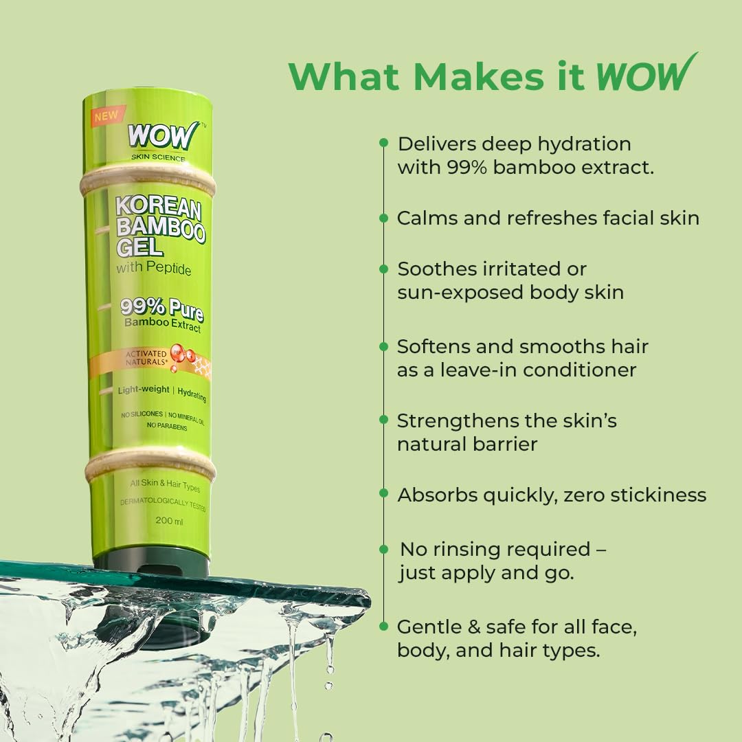 WOW Skin Science Korean Bamboo Gel with Peptide | 99% Pure Bamboo Extract | Lightweight Hydration for Skin & Hair | No Silicones, Parabens or Mineral Oil | All Skin & Hair Types | 200ml - Image 8