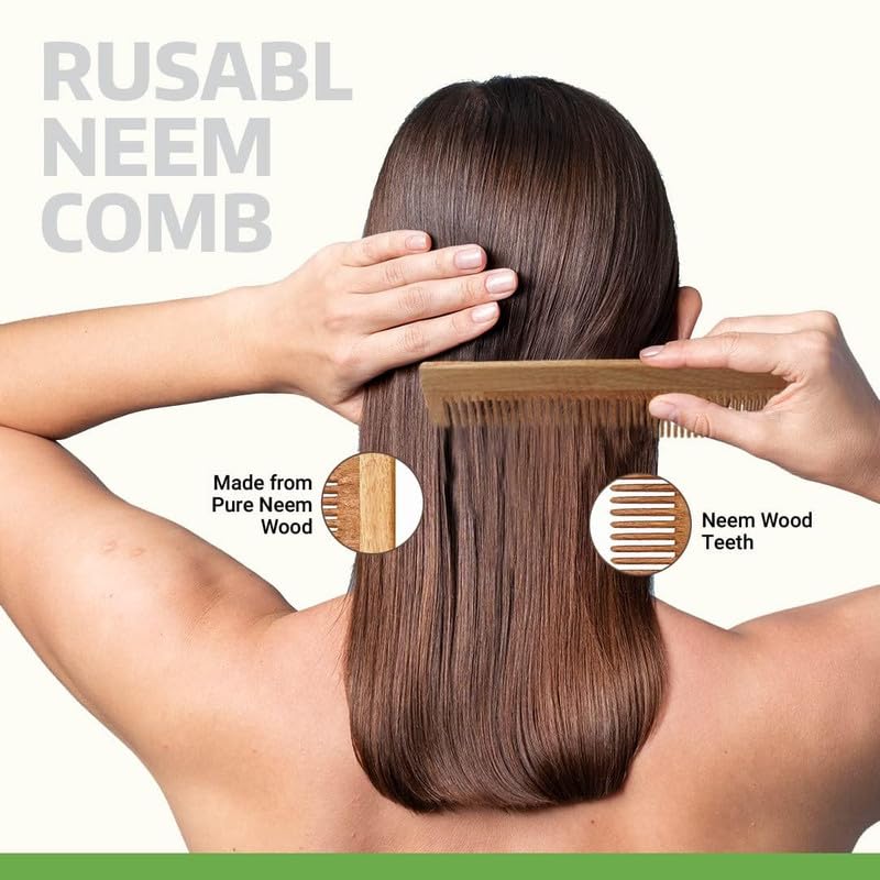 Rusabl Kacchi Neem Wooden Comb (Fine & Wide Tooth), Dual Tooth Design, 100% Pure Neem Wood, No Handle, For Men & Women, Ideal for Detangling, Frizz Control & Shine, Suited for All Hair Types - Image 3