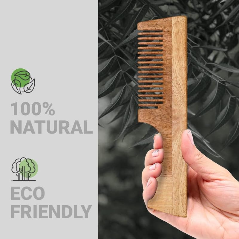 Rusabl Kacchi Neem Wooden Comb (Fine & Wide Tooth), Dual Tooth Design, 100% Pure Neem Wood, No Handle, For Men & Women, Ideal for Detangling, Frizz Control & Shine, Suited for All Hair Types - Image 4