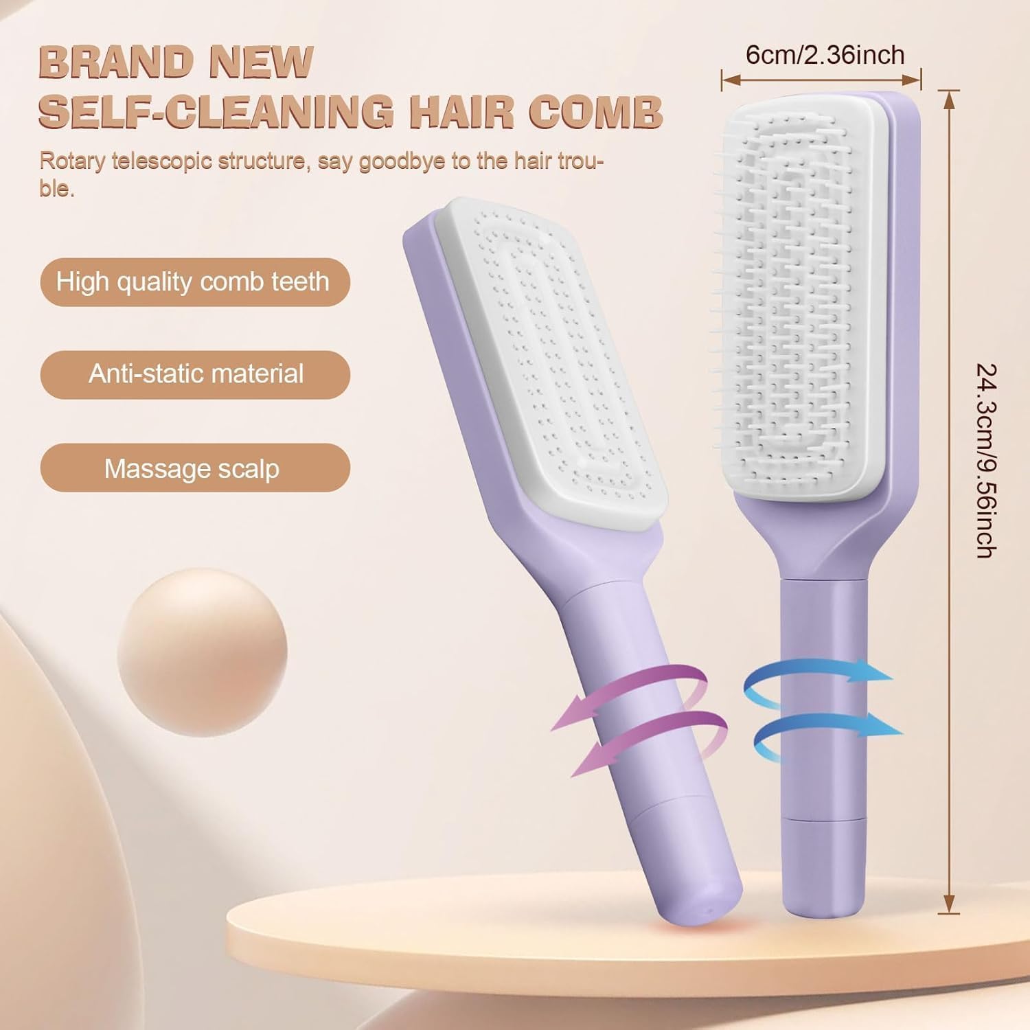 Self Cleaning Hair Brush for Women and Kids, Detangler Comb for Wet or Dry Hair, Anti-Static, Gentle Scalp Massage, for All Hair Types - Image 4