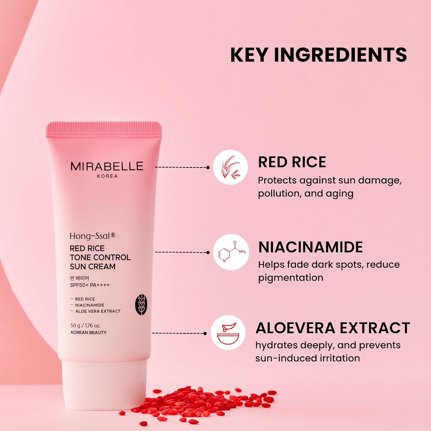 Mirabelle Korea Red Rice Tone Control Sun Cream SPF 50+ PA++++ | Lightweight & Hydrating | No White Cast | In-Vivo Tested | Korean Skincare | For Men & Women | For All Skin Types | 50g - Image 3